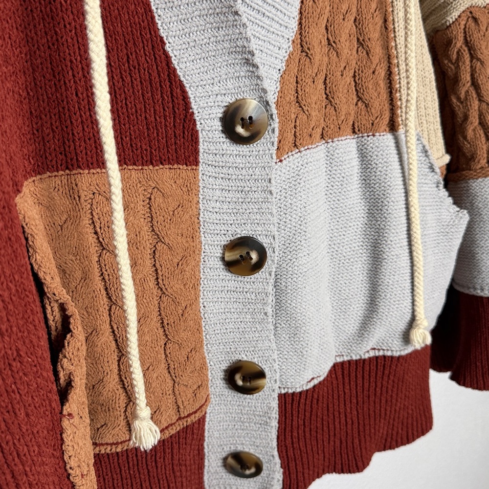 POL Colorblock Hooded Cardigan Mixed Media Red Cream M - Picture 3 of 6